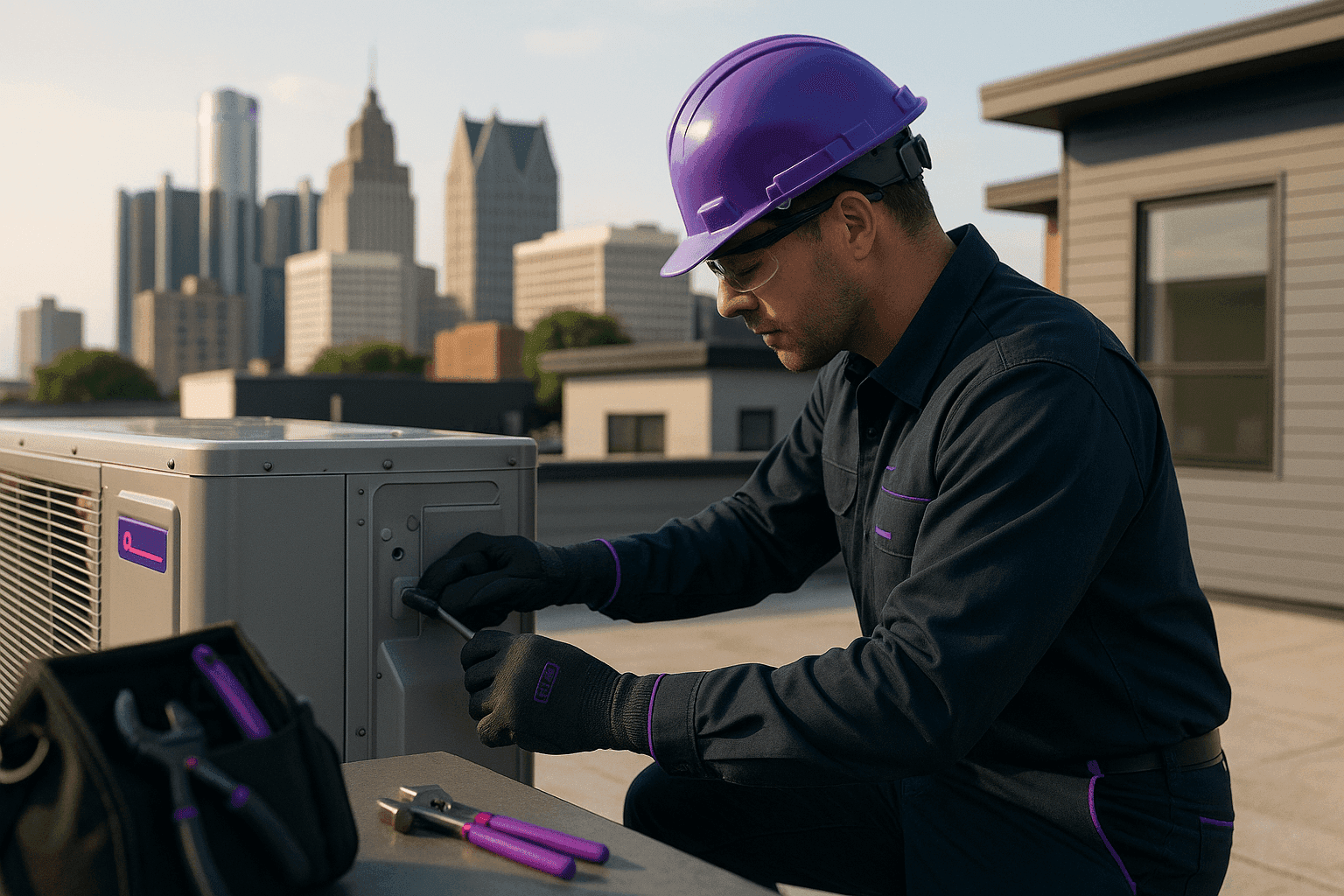 HVAC technician in PPE adjusting rooftop unit on modern residential building