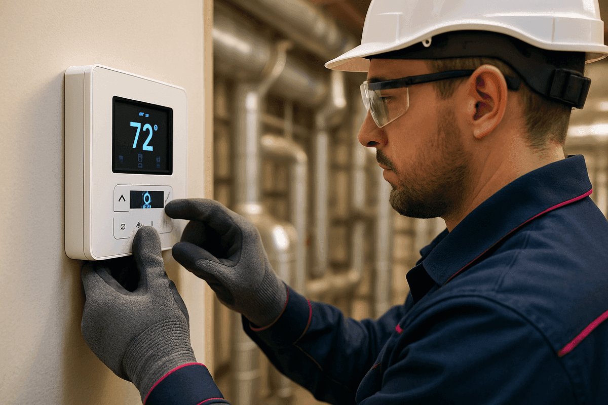 Close-up of HVAC technician’s gloved hands adjusting thermostat in mechanical room