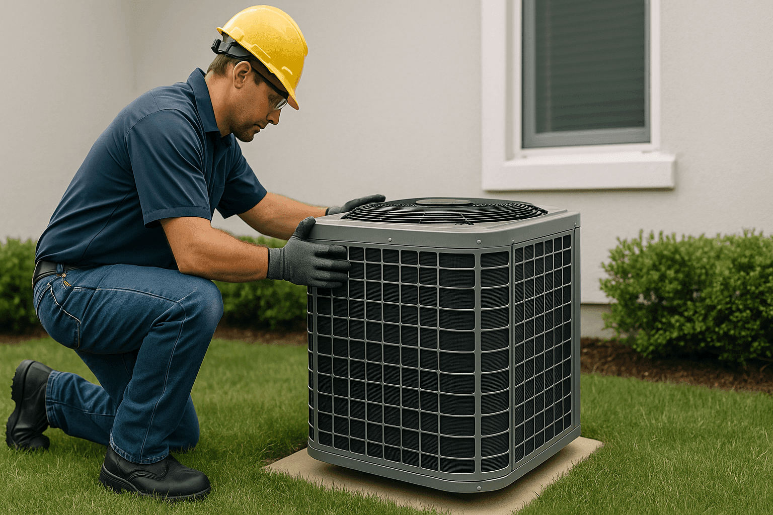 Technician installing new AC unit outside home