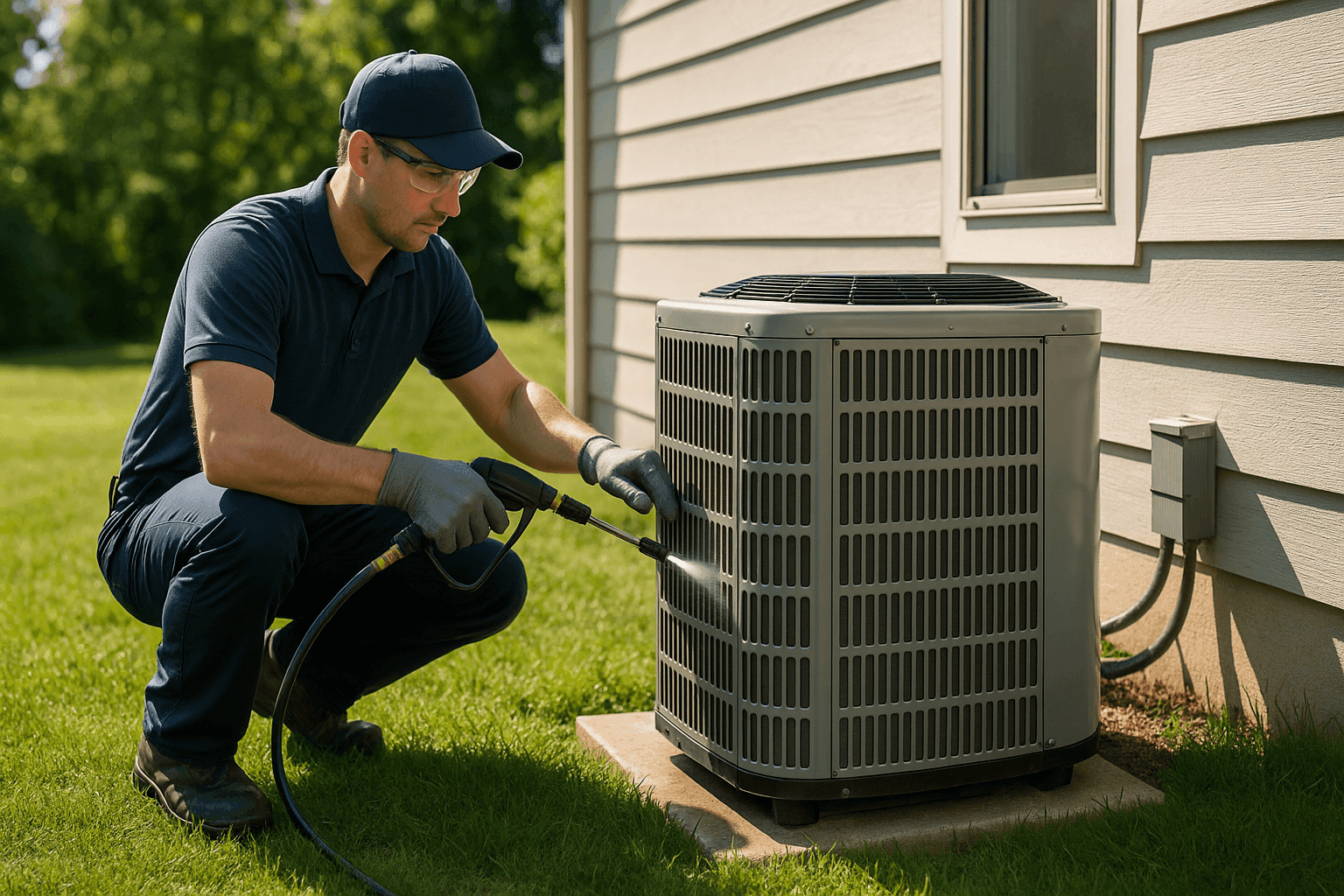 Technician cleaning AC condenser outside home in summer