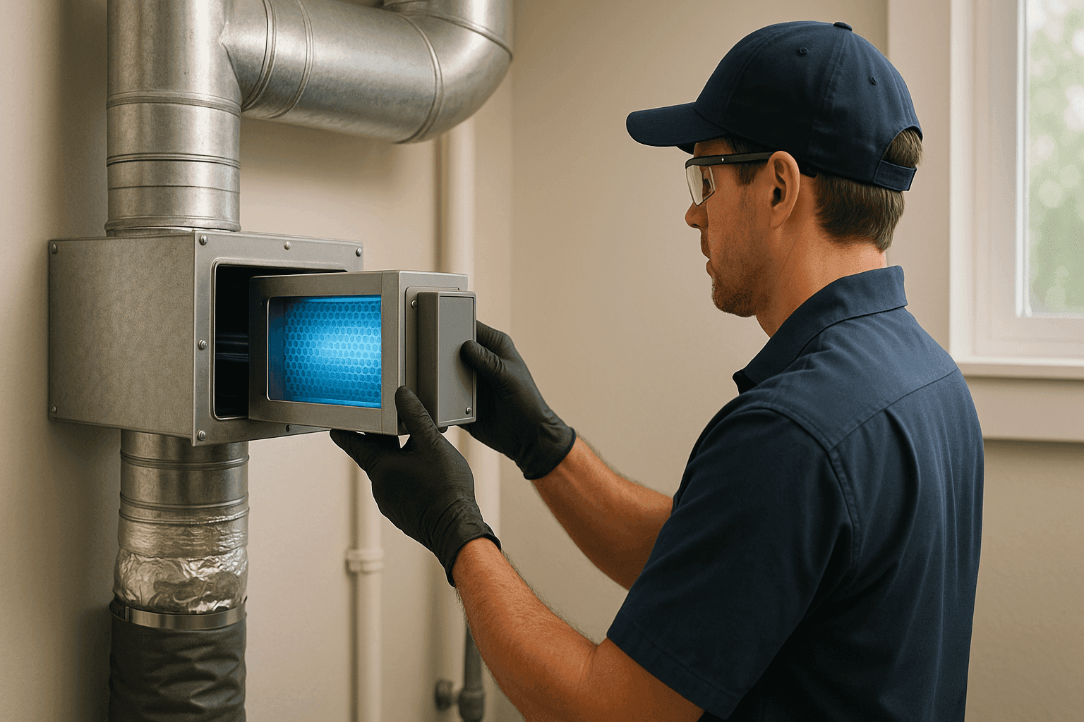 Technician installing air scrubber in HVAC system