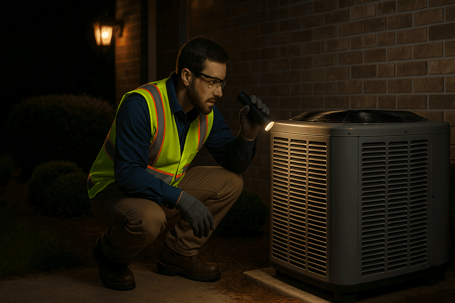 Technician checking HVAC unit during emergency call at night