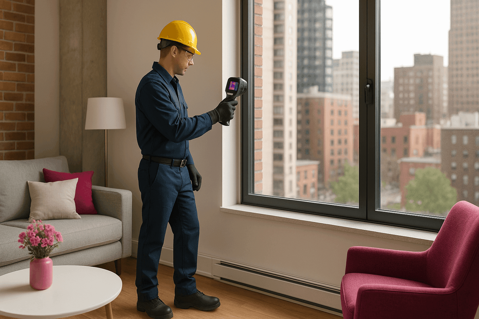 Technician performing home energy audit with infrared camera