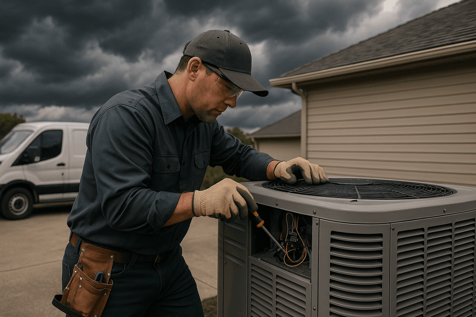 HVAC technician inspecting outdoor HVAC unit before storm