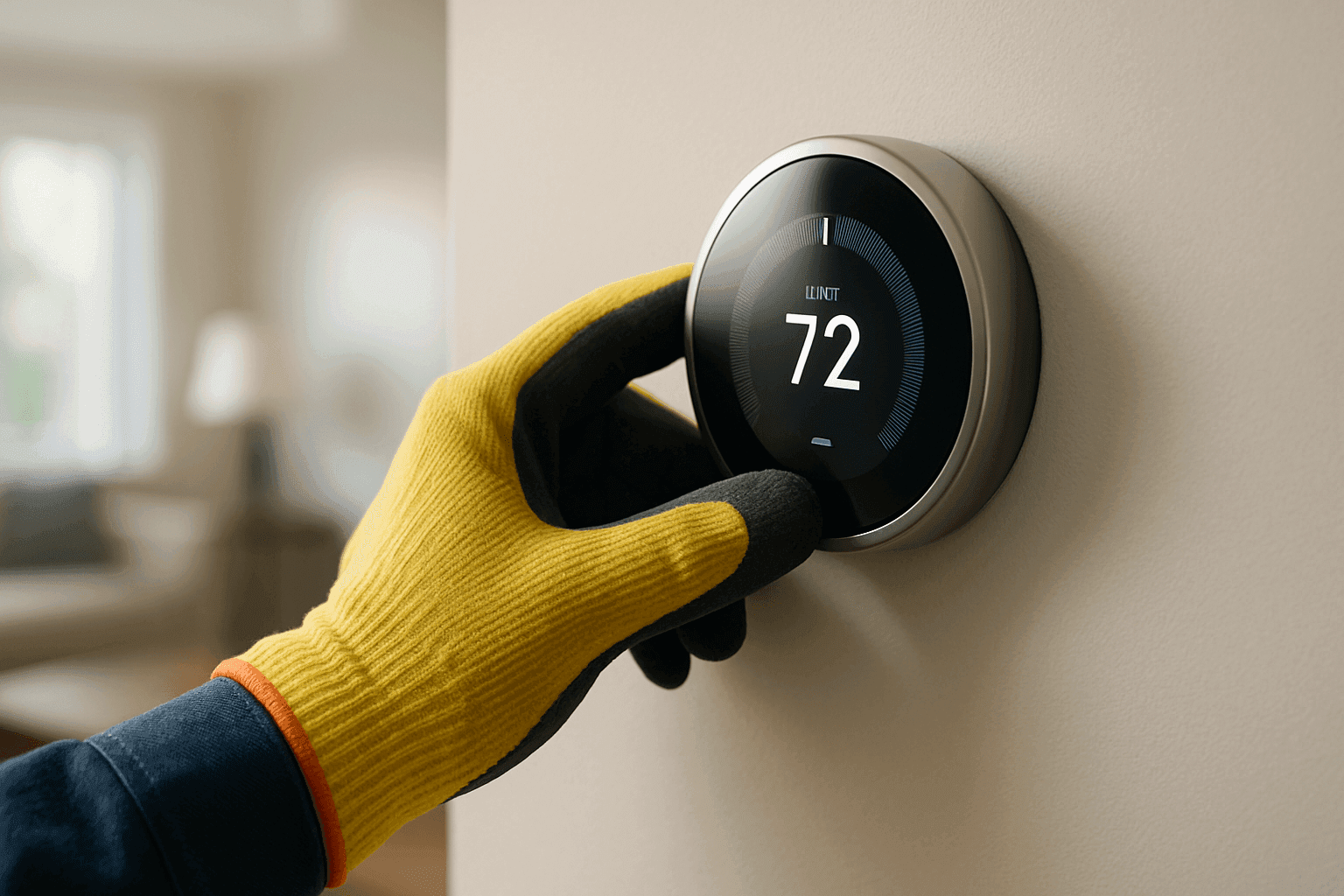 Person checking digital thermostat on wall