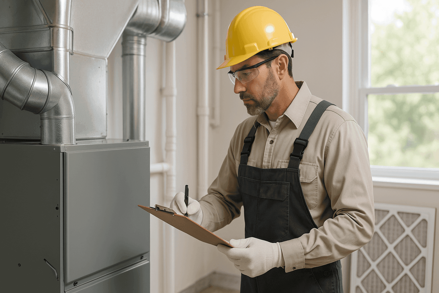 Technician checking HVAC system maintenance schedule in utility room