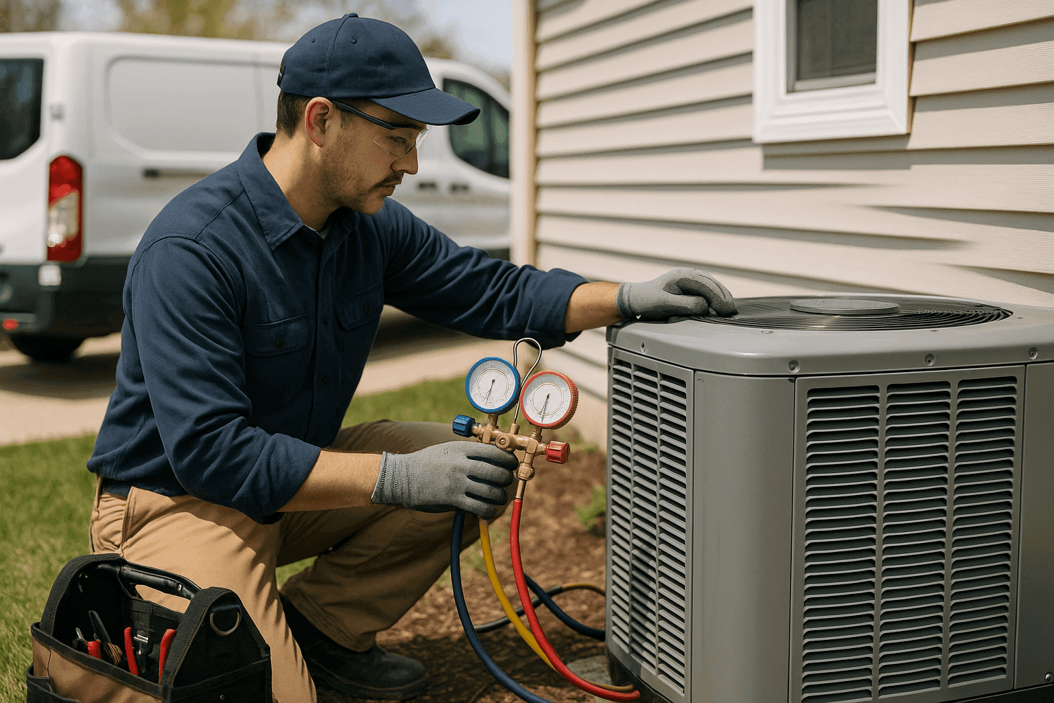 HVAC technician inspecting an outdoor air conditioning unit during routine maintenance