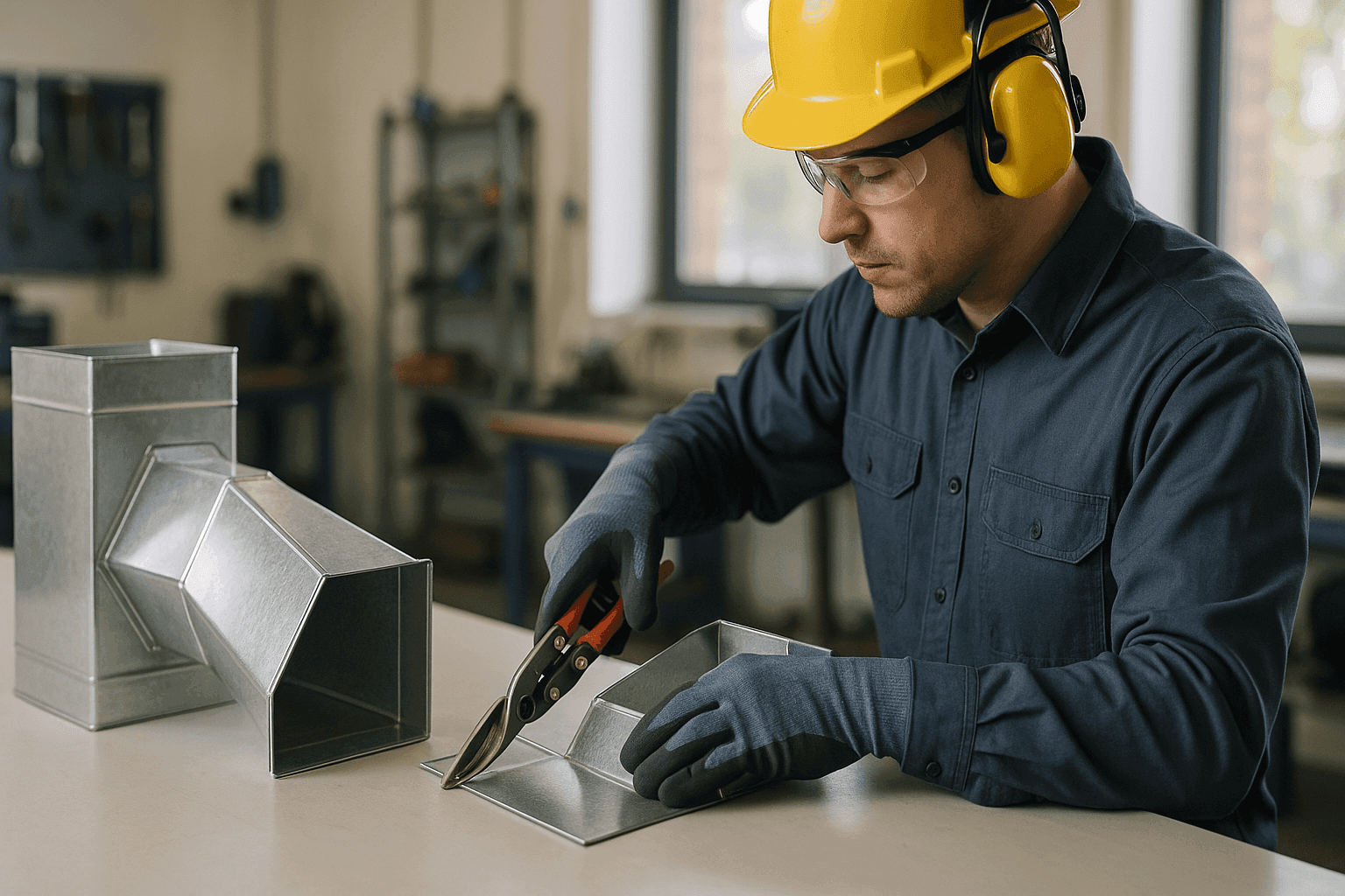 Technician fabricating custom sheet metal ductwork